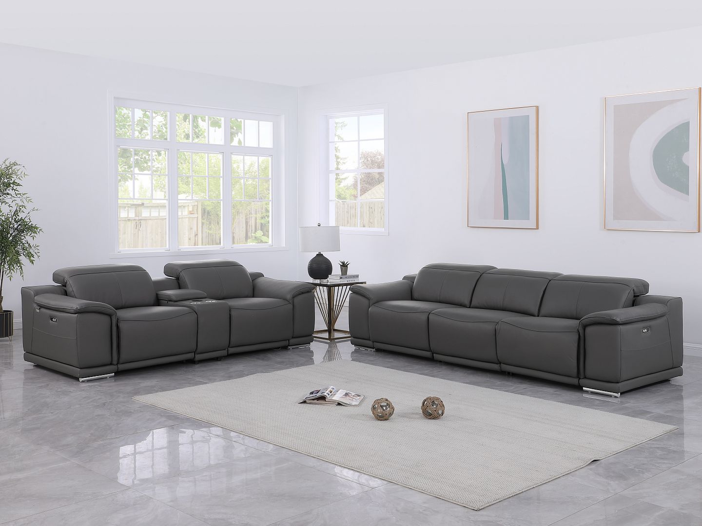 9762 Divanitalia 6-Piece Modular Power Reclining Sofa and Console Loveseat Set with 5 Power Recliners in Top Grain Italian Leather - Dark Grey