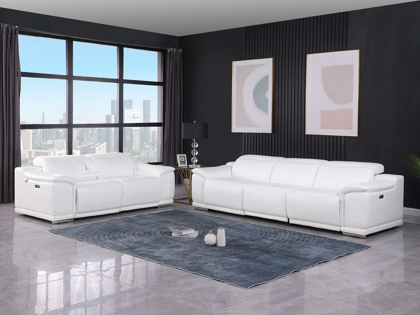 9762 Divanitalia 5-Piece Modular Power Reclining Sofa and Loveseat Set with 5 Power Recliners in Top Grain Italian Leather - White