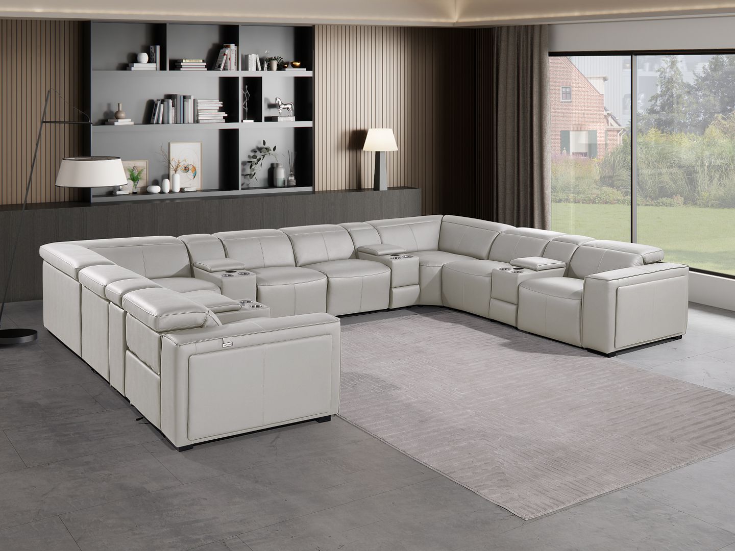 1224 Divanitalia 12-Piece U-Shaped Sectional Sofa in Top Grain Italian Leather with 4 Power Recliners & Power Headrests - Light Grey