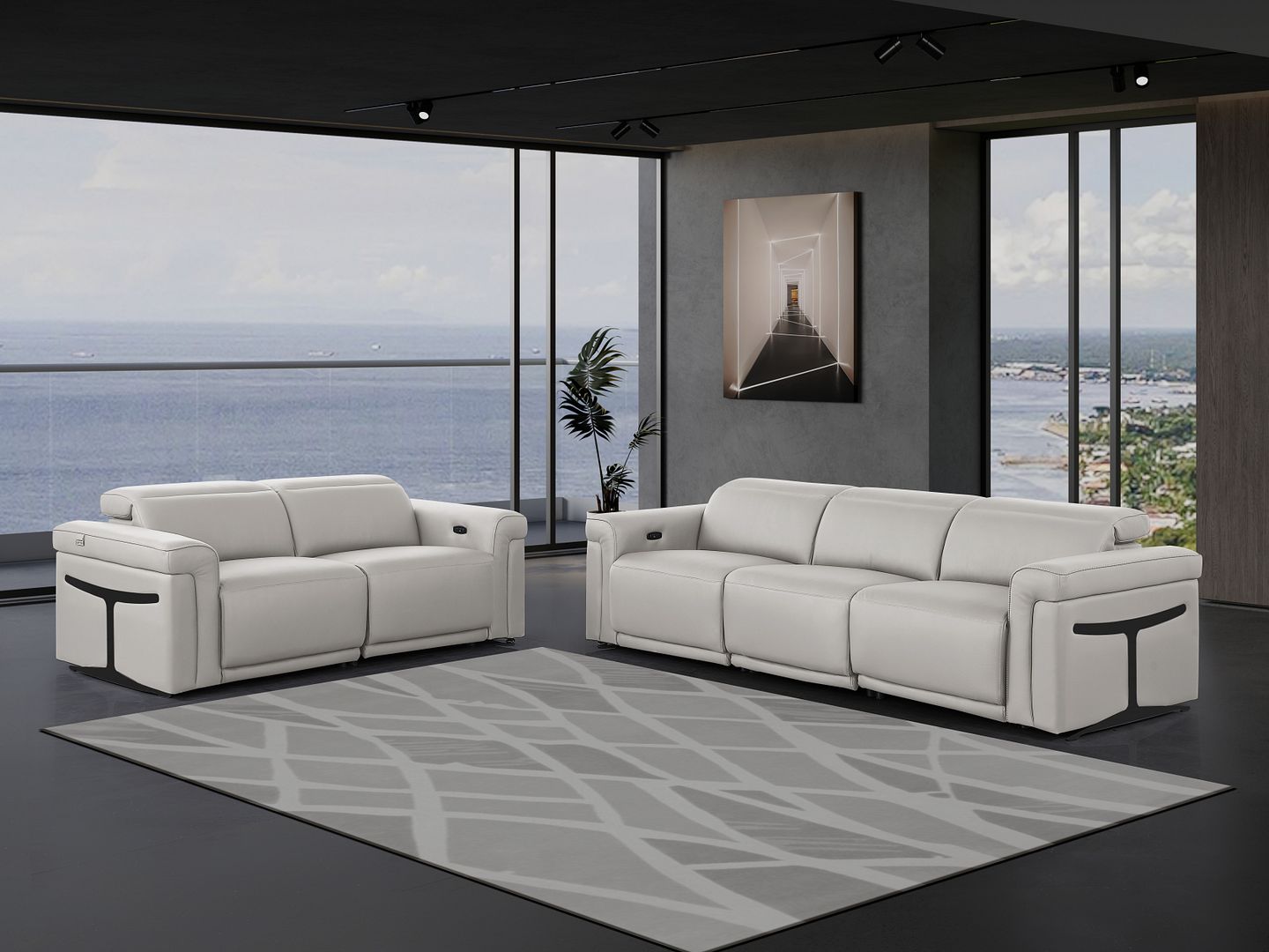 1126 Divanitalia 5-Piece Modular Power Reclining Sofa and Loveseat Set in Top Grain Italian Leather with 4 Power Recliners & Power Headrests - Light Grey