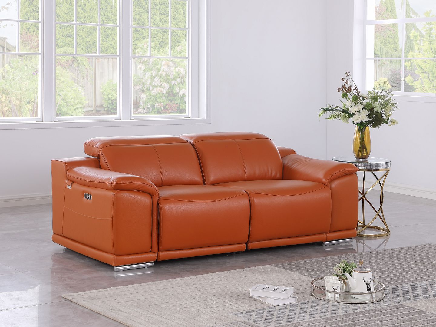 9762 Divanitalia 2-Piece Modular Power Reclining Console with 2 Power Recliners in Top Grain Italian Leather - Camel