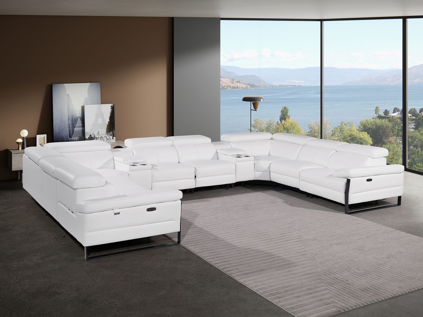 1246 Divanitalia 10-Piece U-Shaped Modular Power Reclining Sectional Sofa with 4 Power Recliners and Power Headrests - Top Grain Italian Leather - White