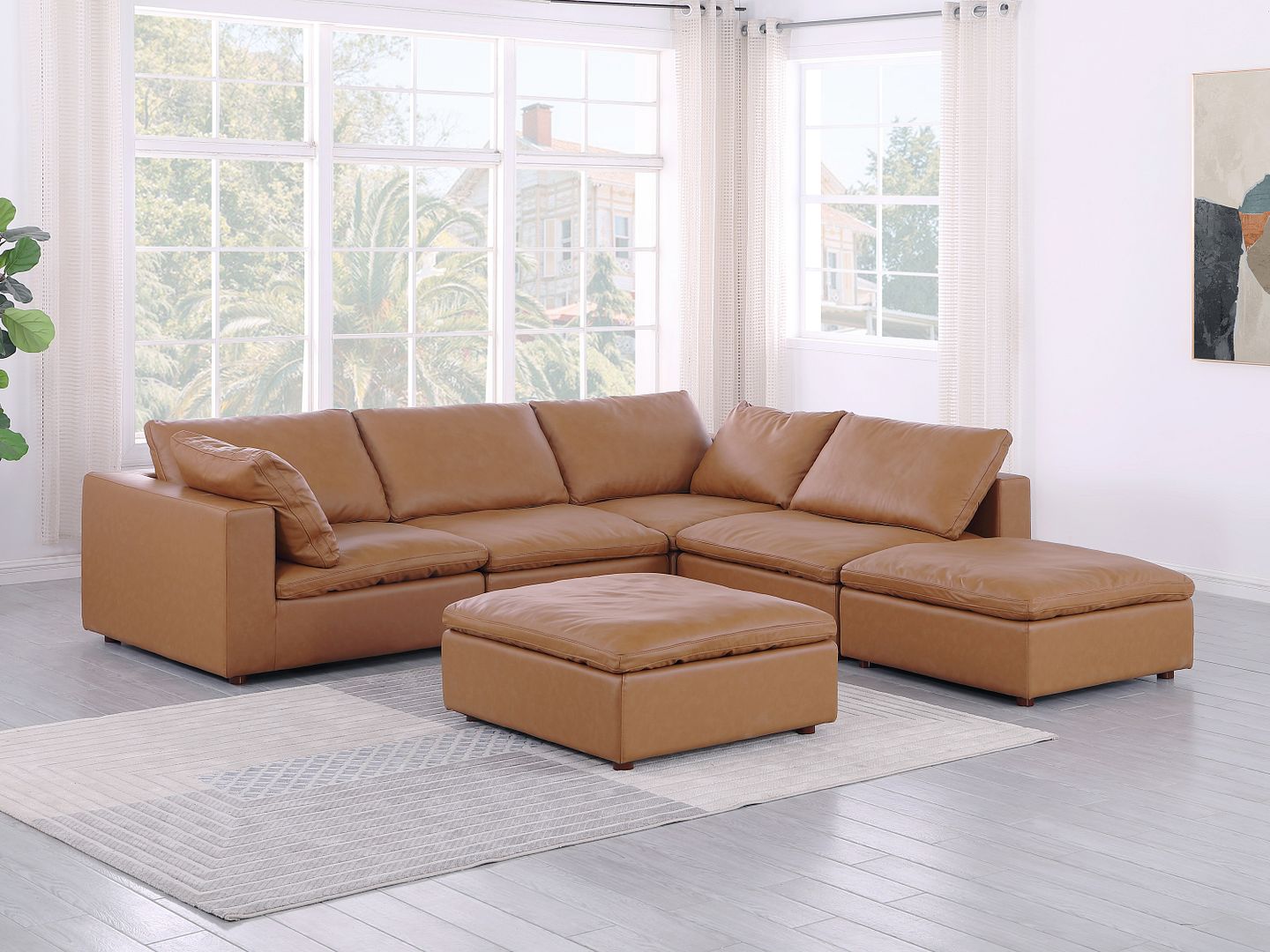 1100 Divanitalia 6-Piece Right Arm Facing 3-Seat Sectional Sofa - Top-grain Italian Leather - Cognac
