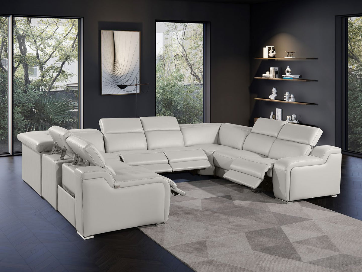 1116 Divanitalia 8-Piece U-Shaped Sectional Sofa in Top Grain Italian Leather with 4 Power Recliners & Power Headrests - Light Grey - SKU 1116-LT_GREY-8PC-4PWR-U-NC-SECT-GROUP - view 2