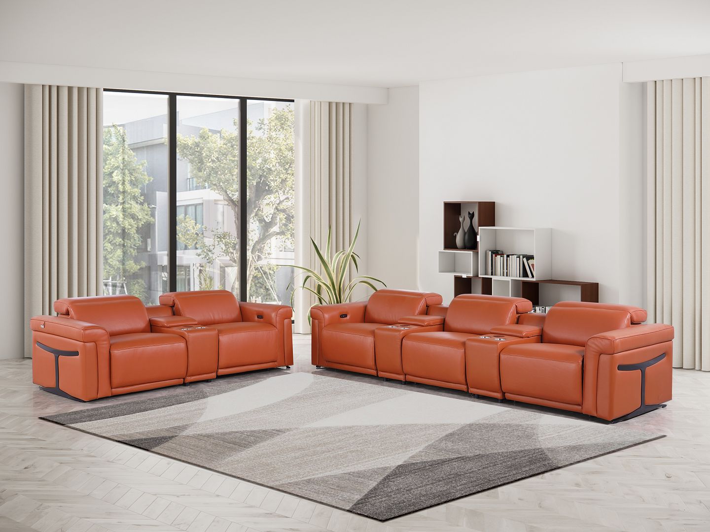 1126 Divanitalia 8-Piece Modular Power Reclining Sofa & Loveseat Set in Top Grain Italian Leather with 5 Power Recliners & Power Headrests - Camel