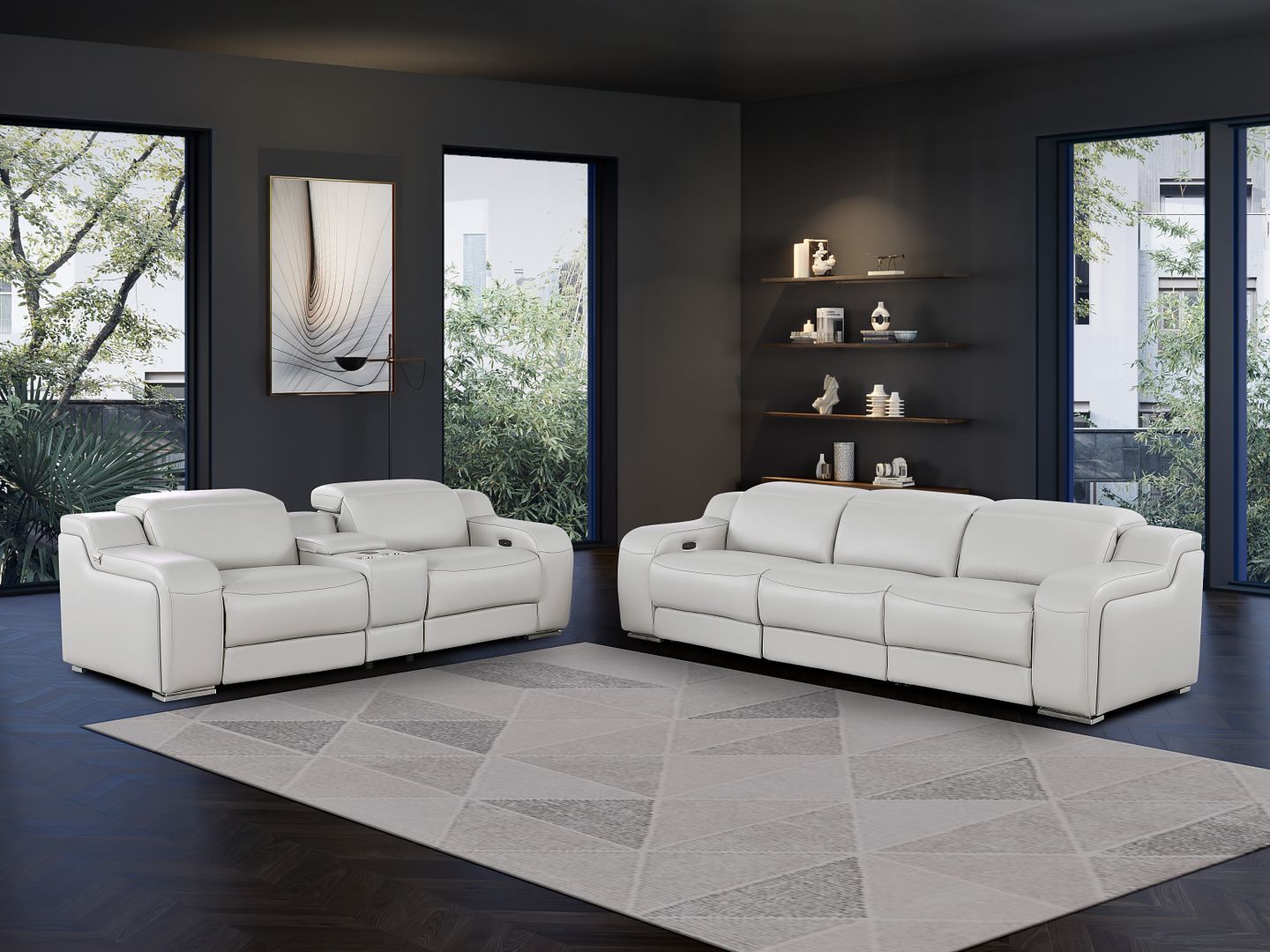 1116 DivanItalia light Grey 6-Piece Modular Power Reclining Sofa and Console Loveseat Set in Top Grain Italian Leather with 5 Power Recliners & Power - free Headrestshite glove delviery in LA, Ventura and Orange counties