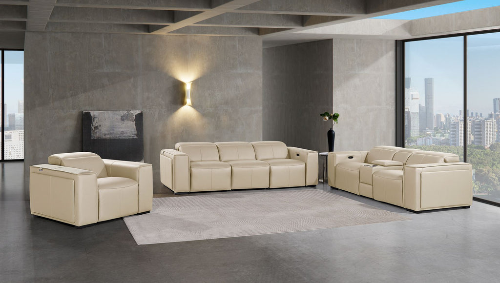 1224 Divanitalia 7-Piece Modular Power Reclining Sofa, Loveseat & Chair Set in Top Grain Italian Leather with 6 Power Recliners & Power Headrests - Beige - SKU 1224-BEIGE-7.6-HT-3PC