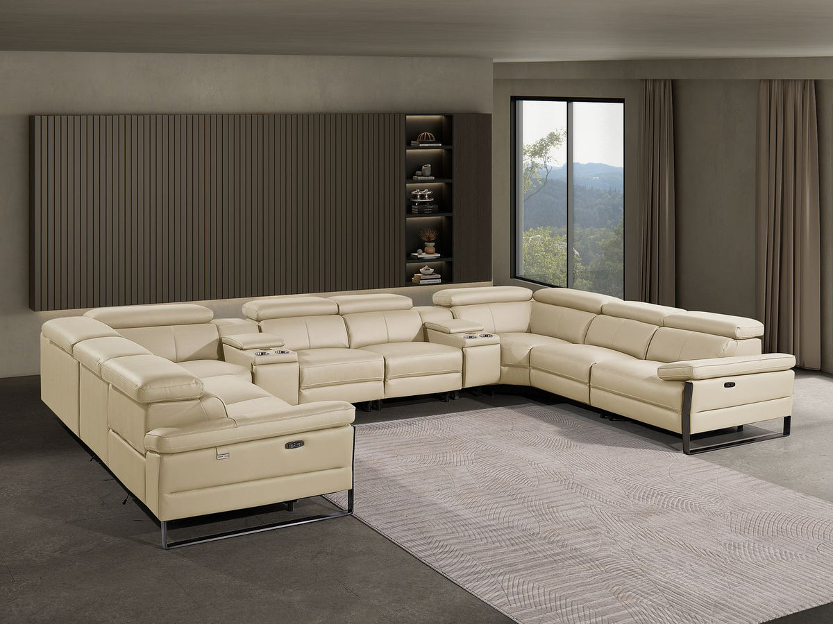 1246 Divanitalia 10-Piece U-Shaped Modular Power Reclining Sectional Sofa with 4 Power Recliners and Power Headrests - Top Grain Italian Leather - Beige - SKU 1246-BEIGE-10PC-4PWR-U-SECTIONAL