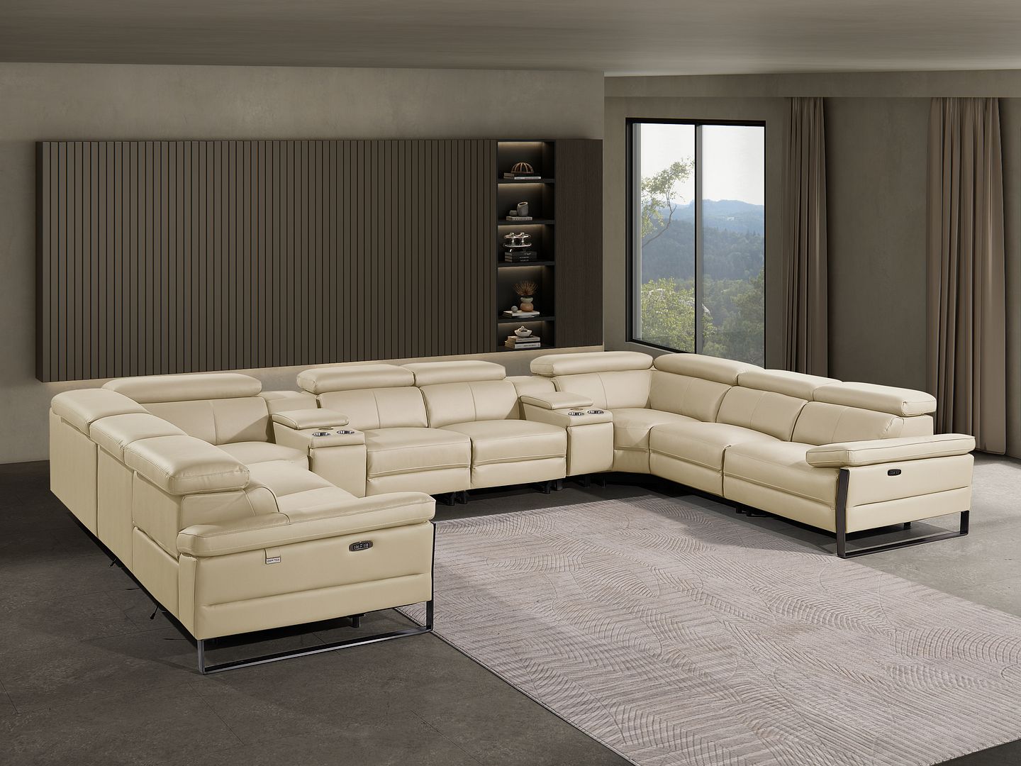 1246 Divanitalia 10-Piece U-Shaped Modular Power Reclining Sectional Sofa with 4 Power Recliners and Power Headrests - Top Grain Italian Leather - Beige