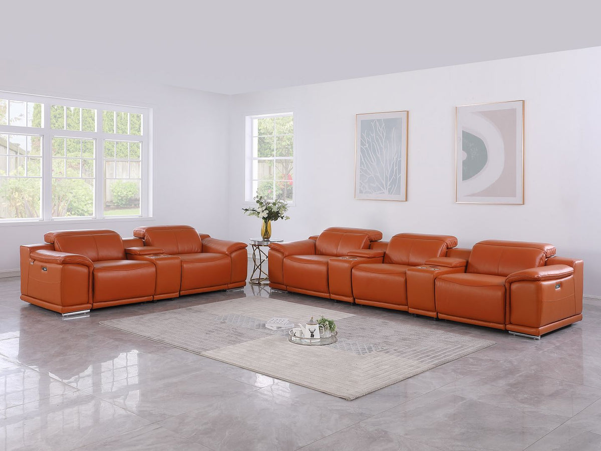 9762 Divanitalia 8-Piece Modular Power Reclining Sofa and Console Loveseat Set with Top Grain Italian Leather - Camel - SKU 9762-CAMEL-8.5-HT