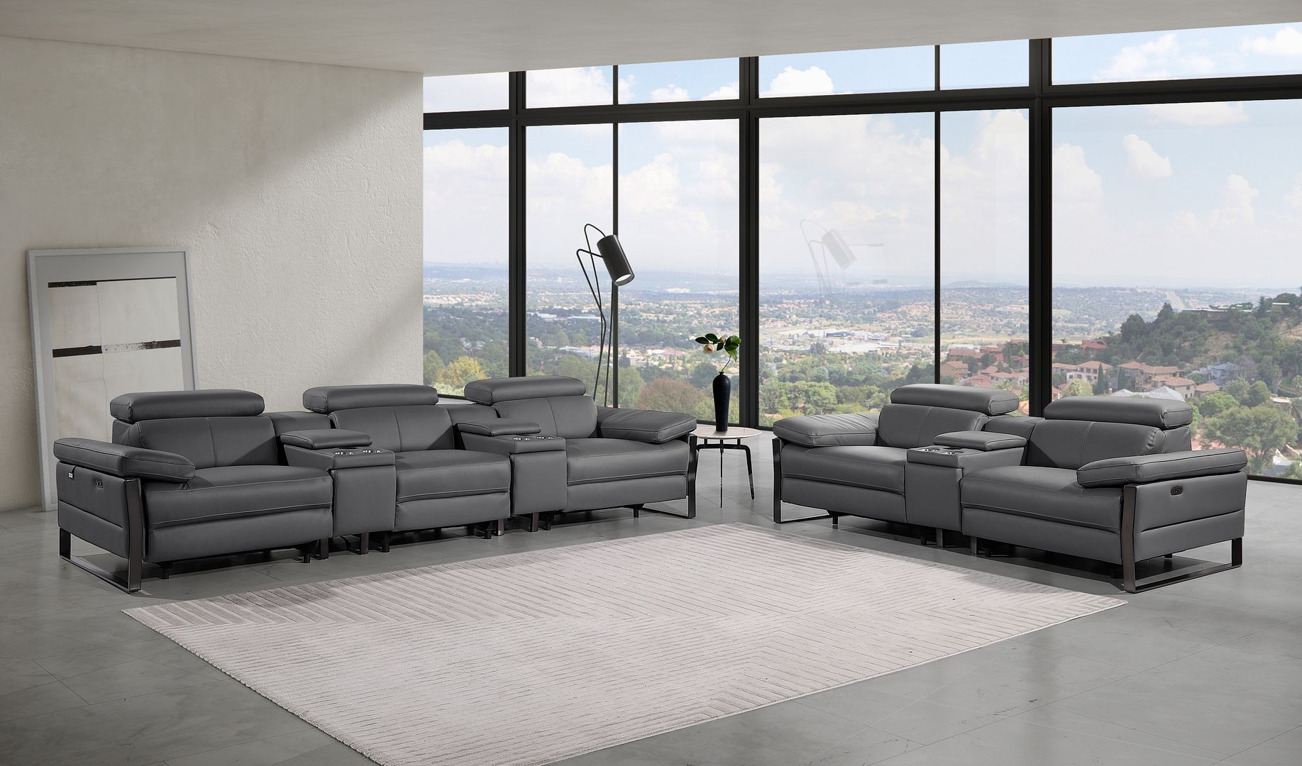 1246 Divanitalia Modular Power Reclining Dual Console Sofa and Console Loveseat Set with Power Headrests - Top Grain Italian Leather - Dark Grey