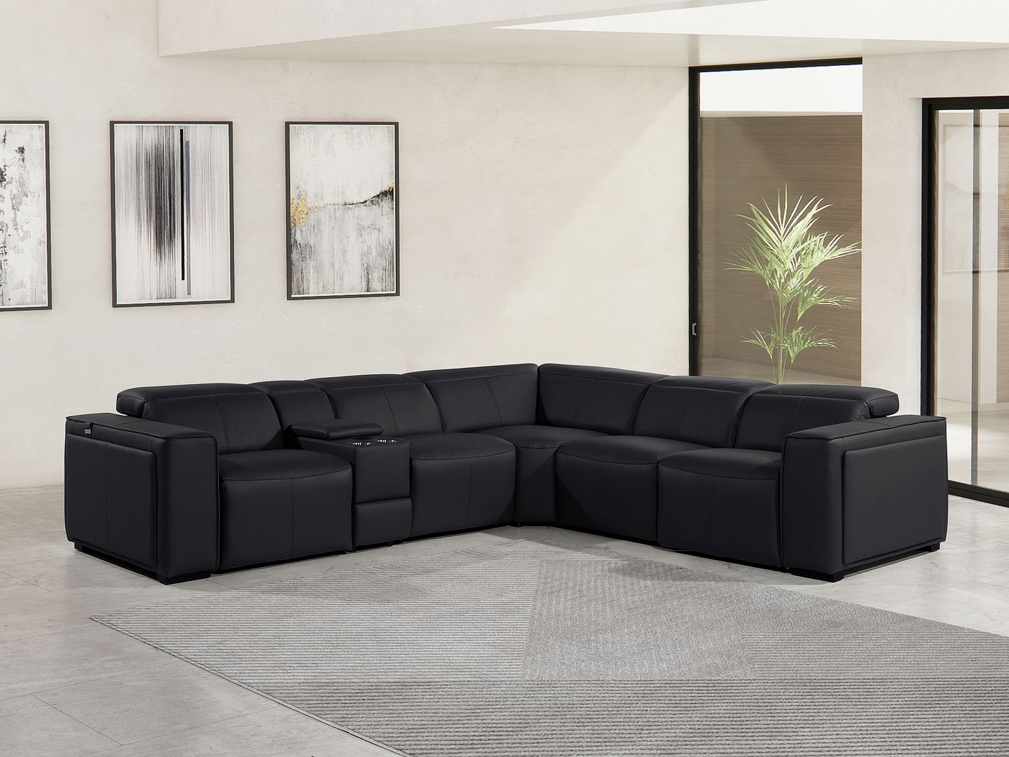 1224 Divanitalia 6-Piece L-Shaped Sectional Sofa in Top Grain Italian Leather with 3 Power Recliners & Power Headrests - Black