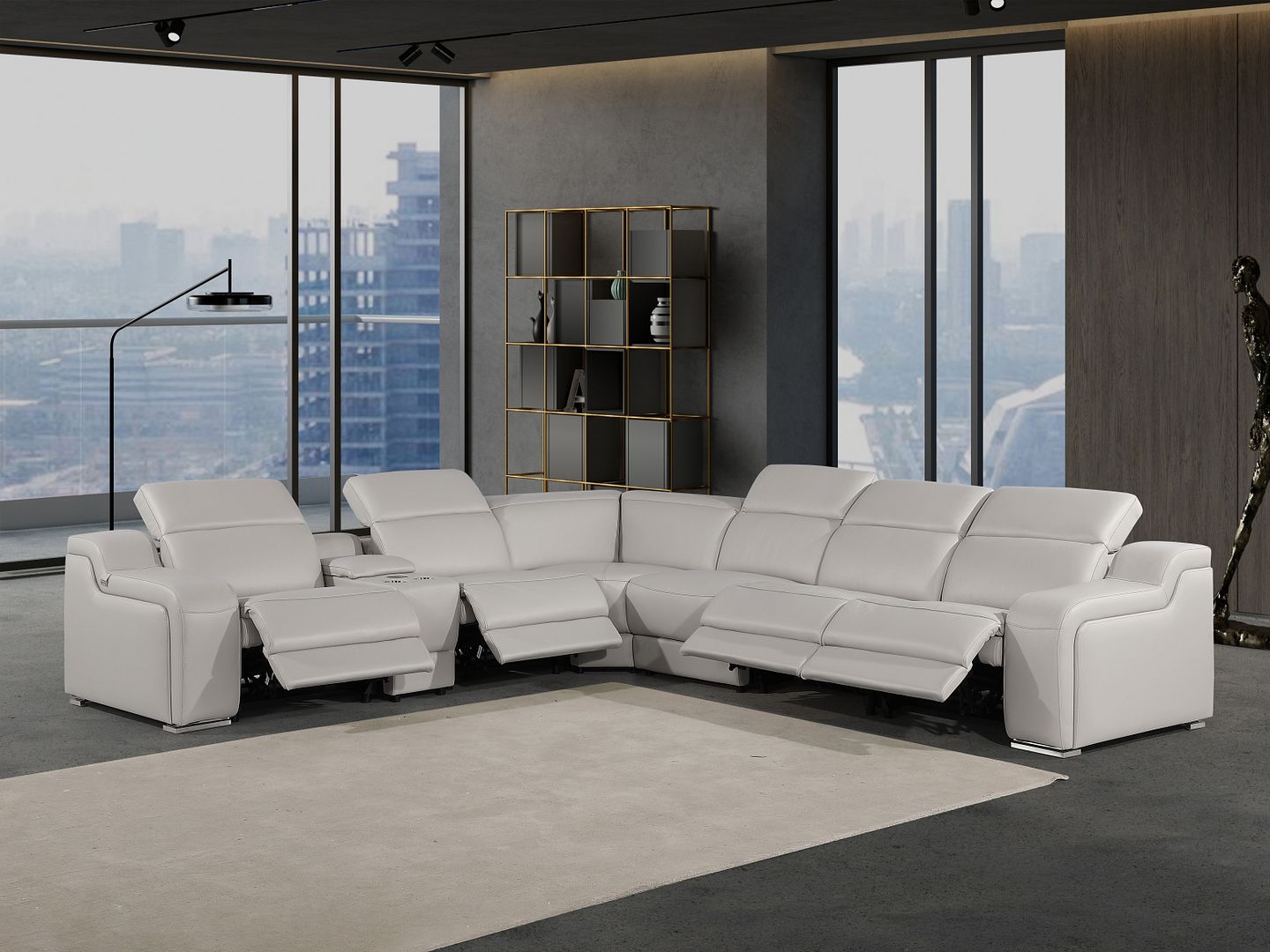 1116 Divanitalia 7-Piece L-Shaped Sectional Sofa in Top Grain Italian Leather with 4 Power Recliners & Power Headrests - Light Grey