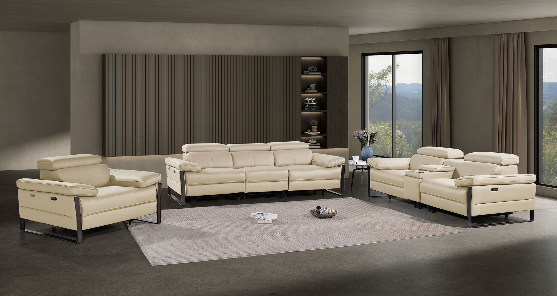 1246 Divanitalia Modular Power Dual Reclining Sofa, Console Loveseat, and Chair Set with Power Headrests - Top Grain Italian Leather - Beige