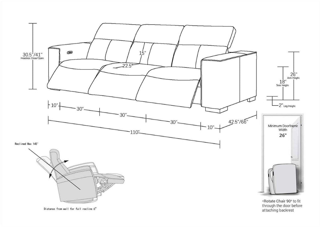 1208 Genuine Leather Triple Power Reclining Sofa - White - SKU 1208-WHITE-3.3-HT - view 12
