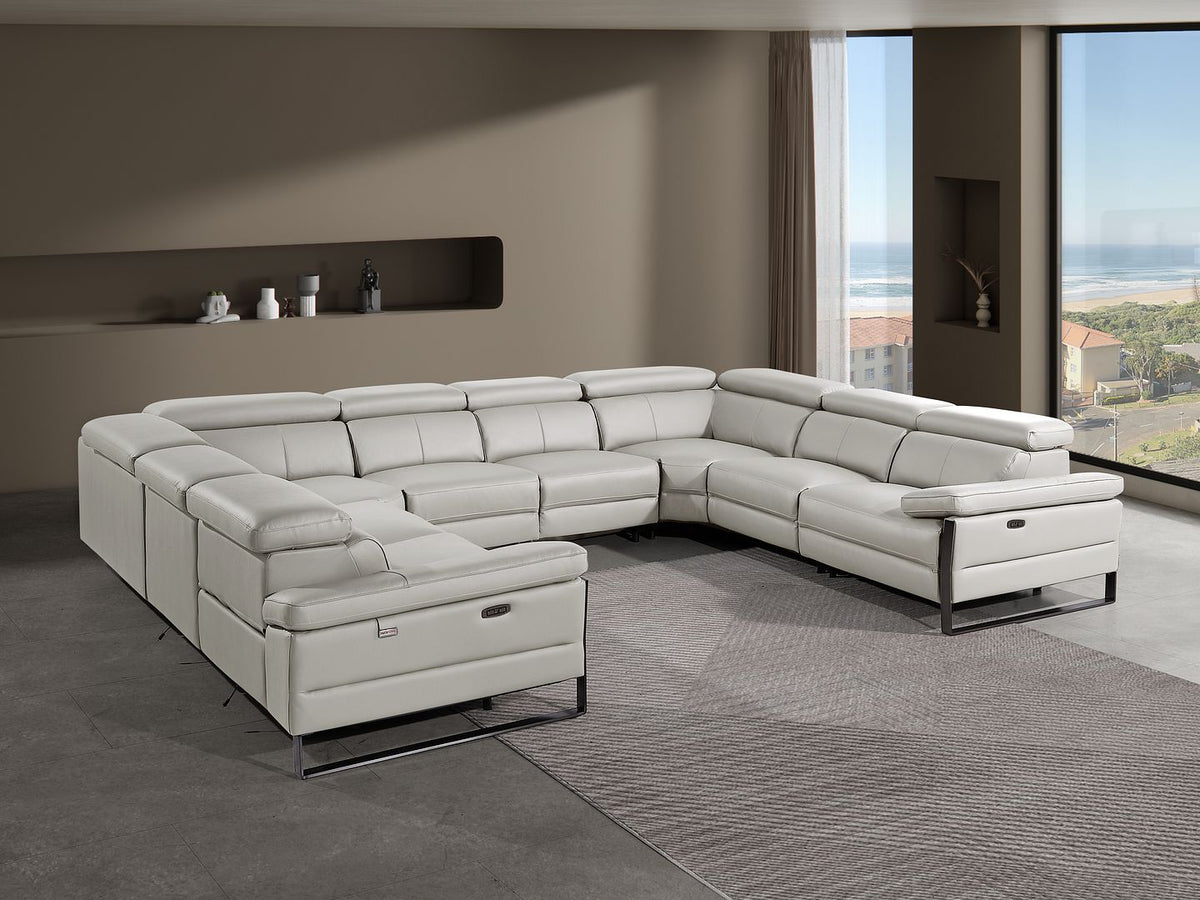 1246 Divanitalia 8-Piece U-Shaped Modular Power Reclining Sectional Sofa with 4 Power Recliners and Power Headrests - Top Grain Italian Leather - Light Grey - SKU 1246-LT-GREY-8PC-4PWR-U-NC-SECTIONAL