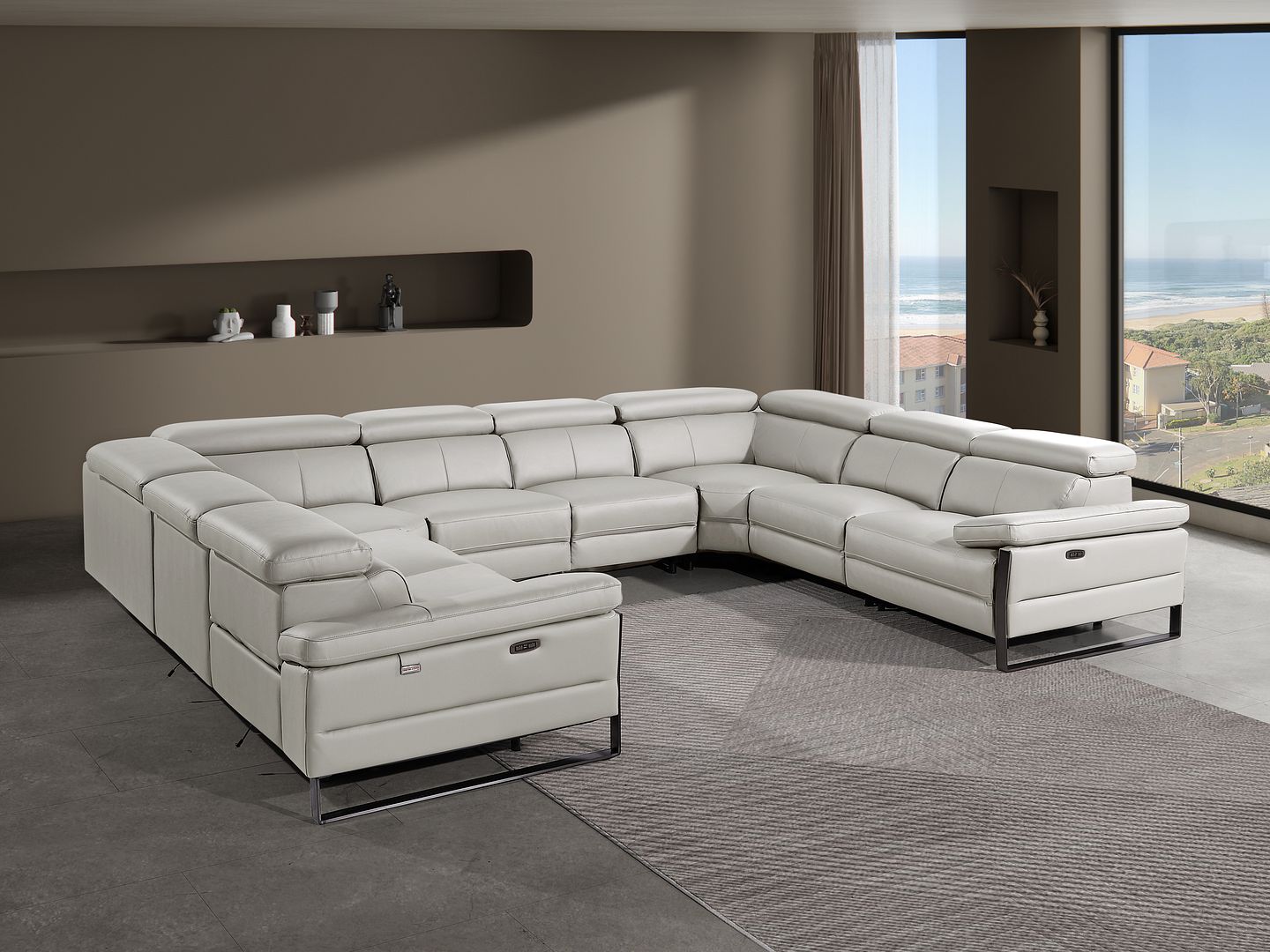 1246 Divanitalia 8-Piece U-Shaped Modular Power Reclining Sectional Sofa with 4 Power Recliners and Power Headrests - Top Grain Italian Leather - Light Grey