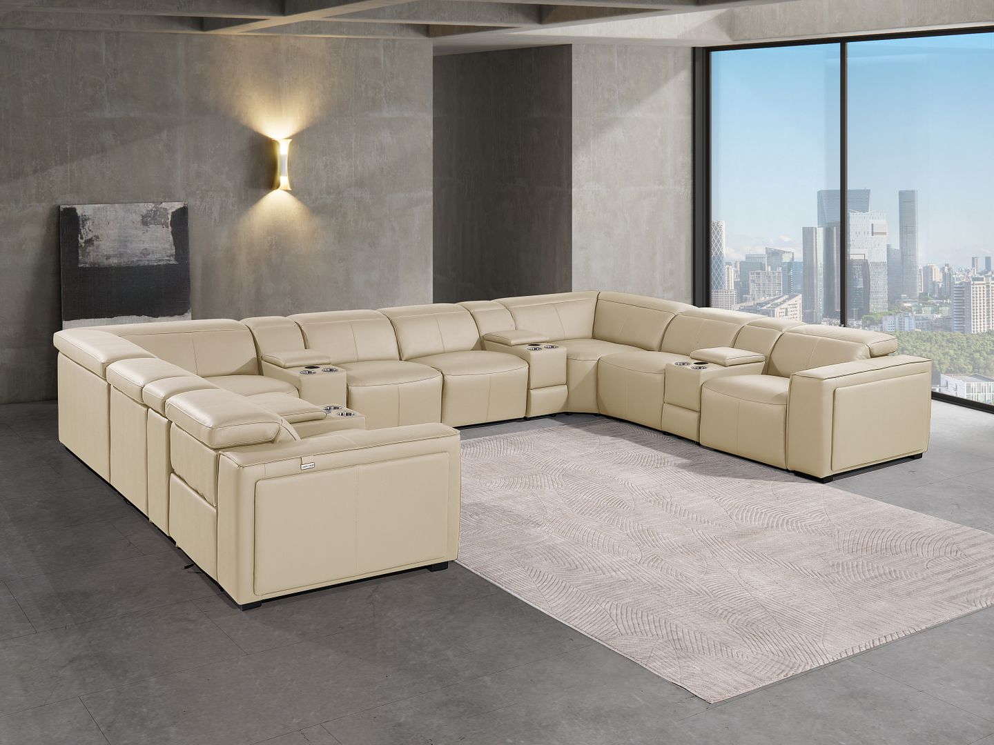 1224 Divanitalia 12-Piece U-Shaped Sectional Sofa in Top Grain Italian Leather with 4 Power Recliners & Power Headrests - Beige