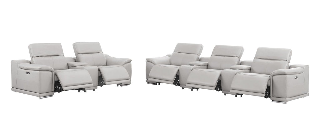 2679 Power Reclining Sofa and Loveseat in Genuine Leather - 5 Recliners with Power Headrests & 3 Consoles - Light Grey - SKU 2679-LT-GRAY-8.5-HT-2PC - view 4