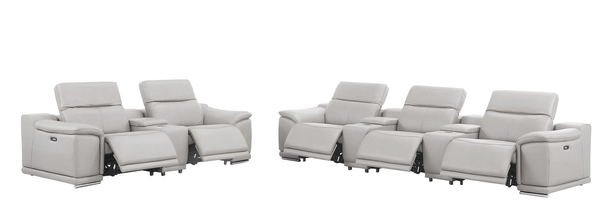 2679 Power Reclining Sofa and Loveseat in Genuine Leather - 5 Recliners with Power Headrests & 3 Consoles - Light Grey - SKU 2679-LT-GRAY-8.5-HT-2PC - view 4