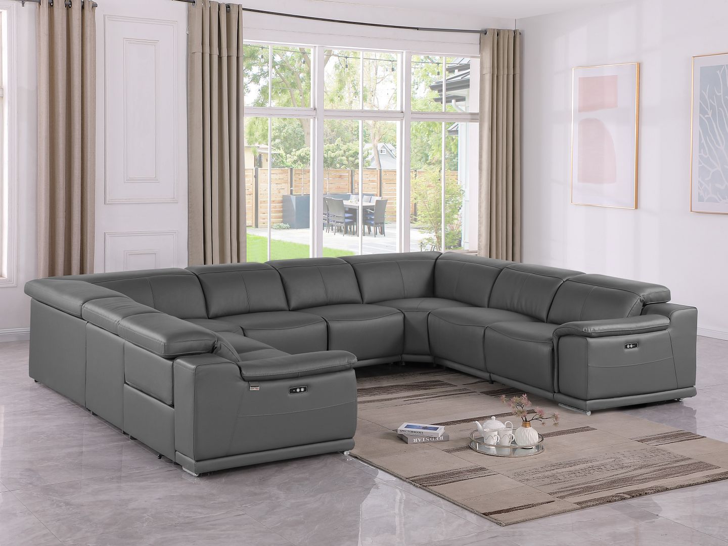 9762 Divanitalia 8-Piece U-Shaped Top Grain Italian Leather Sectional Sofa with 4 Power Recliners - Dark Grey