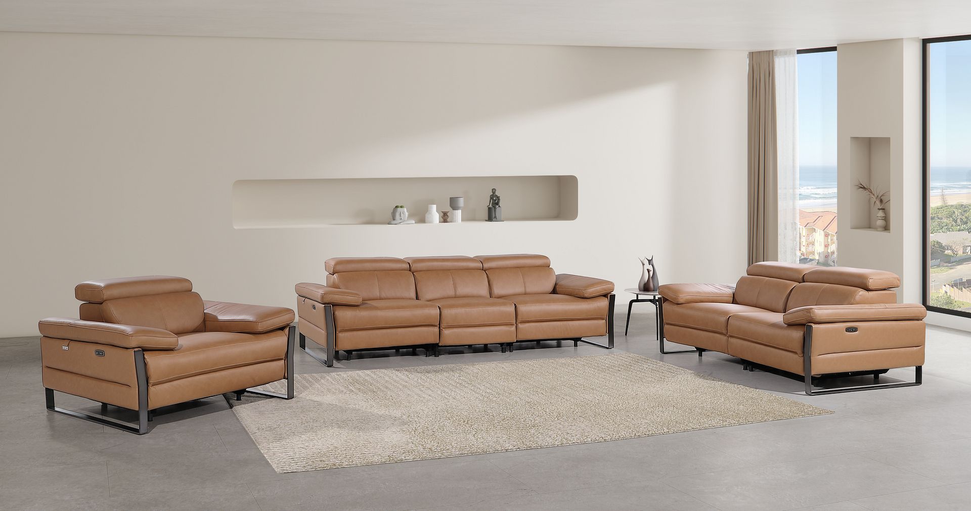 1246 Divanitalia Modular Power Dual Reclining Sofa, Loveseat, and Chair Set with Power Headrests - Top Grain Italian Leather - Cognac - SKU 1246-COGNAC-6.5-HT-3PC