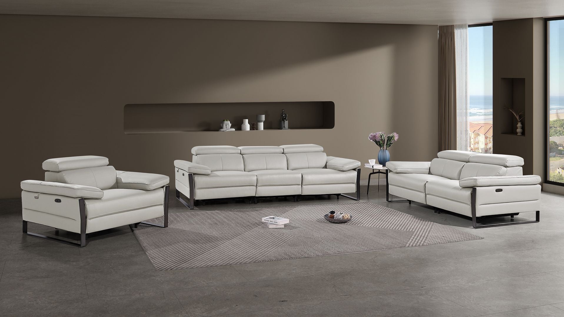1246 Divanitalia Modular Power Dual Reclining Sofa, Loveseat, and Chair Set with Power Headrests - Top Grain Italian Leather - Light Grey - SKU 1246-LT-GREY-6.5-HT-3PC