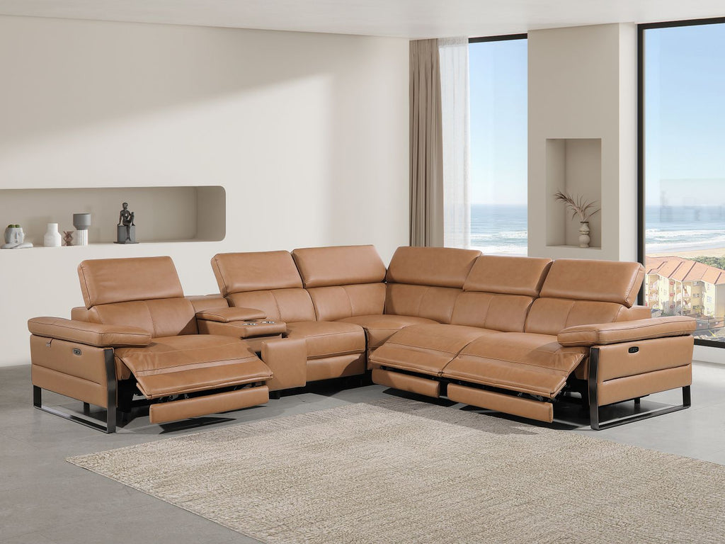 1246 Divanitalia 6-Piece L-Shaped Modular Power Reclining Sectional Sofa with 3 Power Recliners and Power Headrests - Top Grain Italian Leather - Cognac - SKU 1246-COGNAC-6PC-3PWR-SECTIONAL - view 2