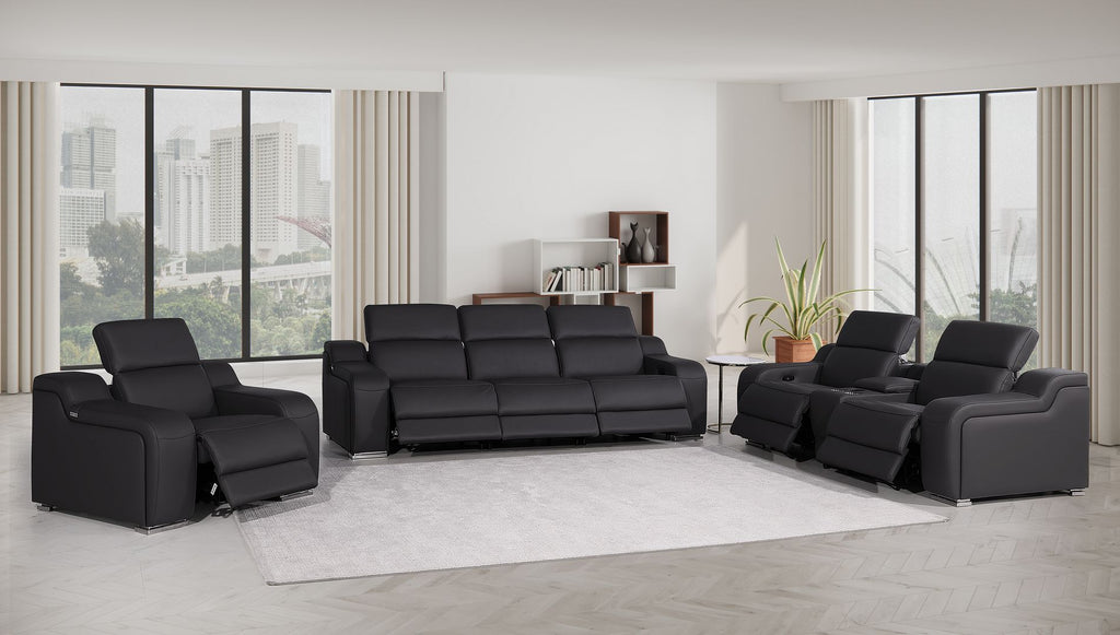 1116 Divanitalia 7-Piece Modular Power Reclining Sofa, Loveseat & Chair Set in Top Grain Italian Leather with 6 Power Recliners & Power Headrests - Black - SKU 1116-BLACK-7.6-HT-3PC - view 2