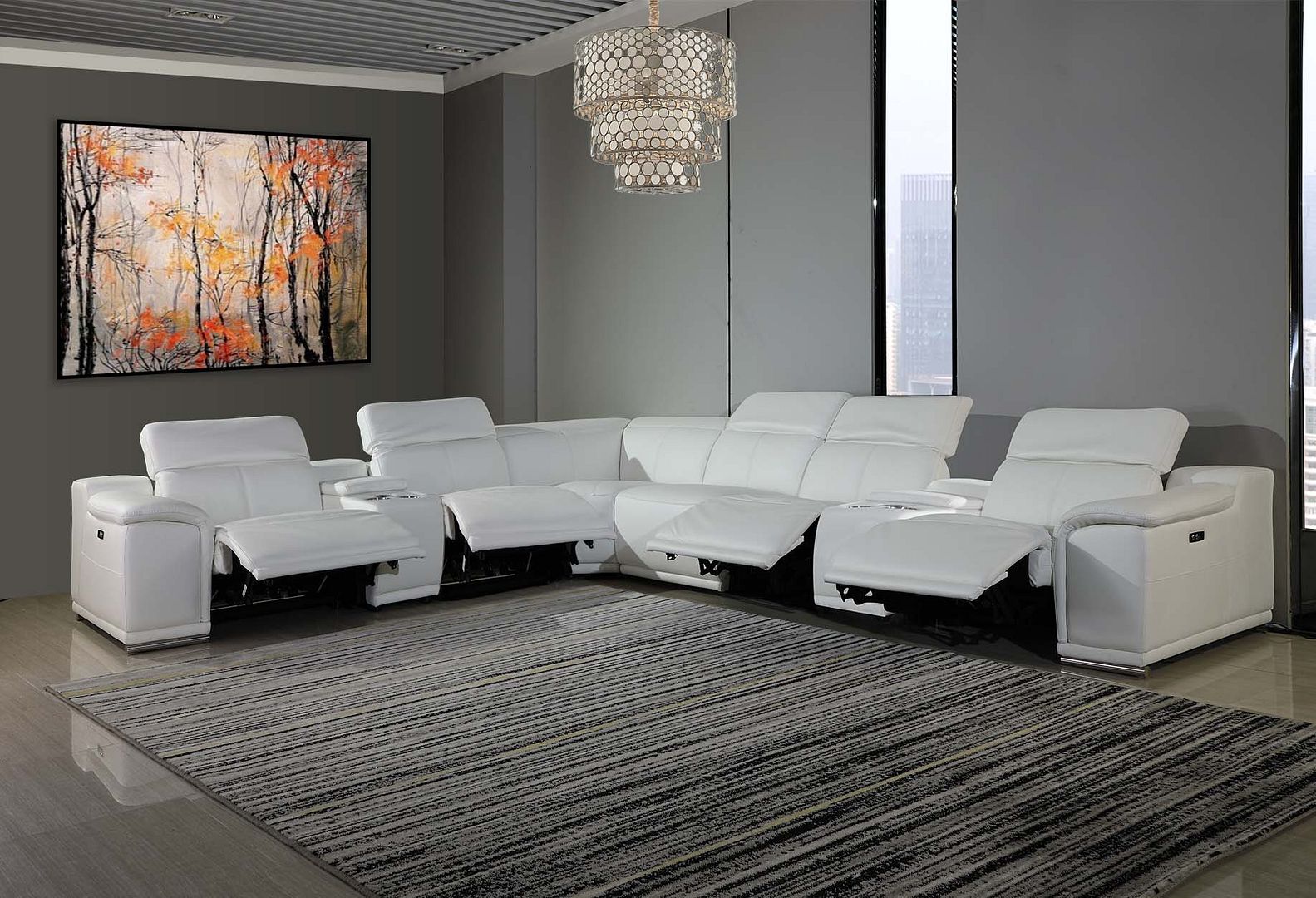 9762 Divanitalia 8-Piece L-Shaped Top Grain Italian Leather Sectional Sofa with 4 Power Recliners - White