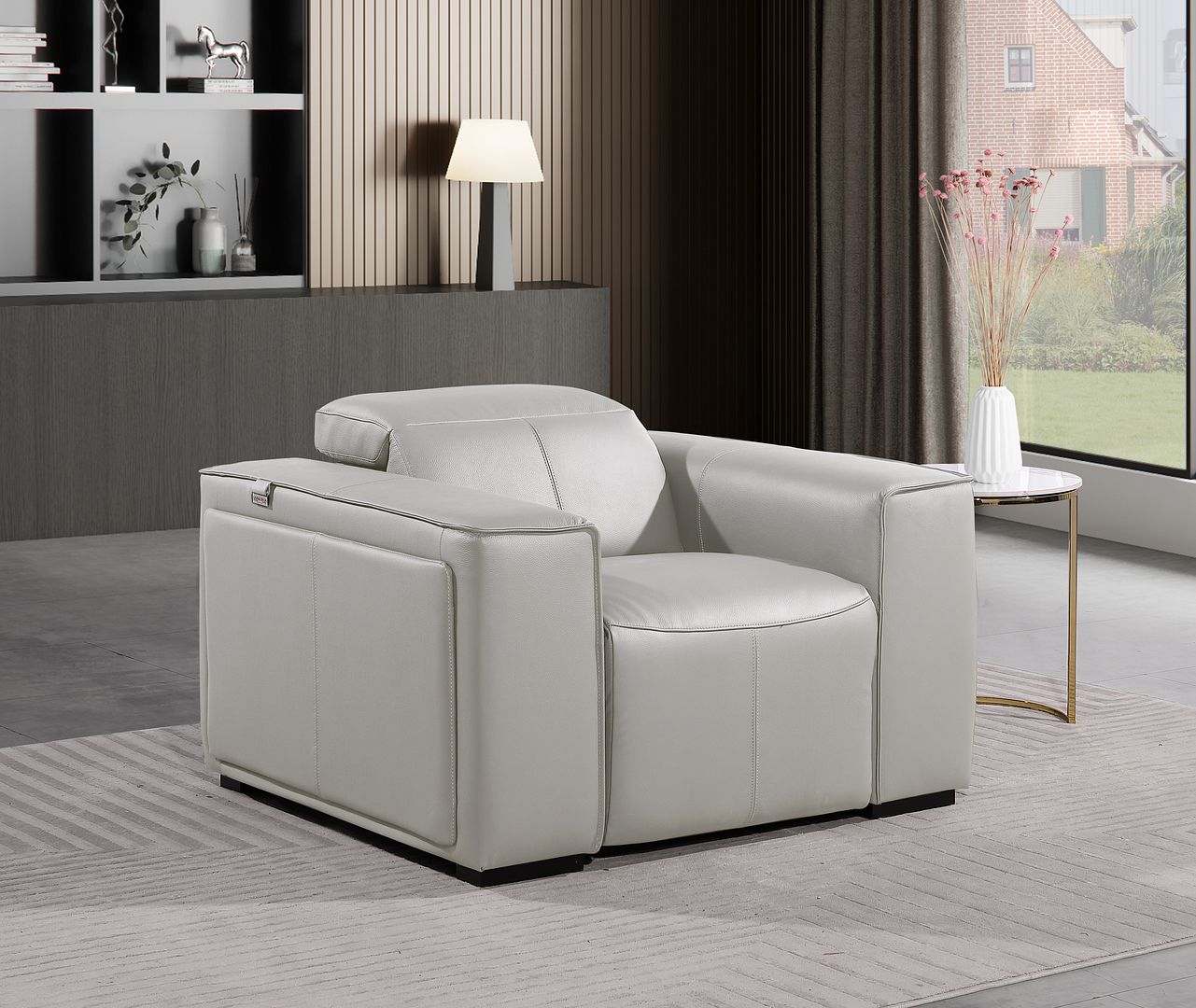 1126 Divanitalia Top Grain Italian Leather Power Reclining Chair with Power Headrests - Light Grey
