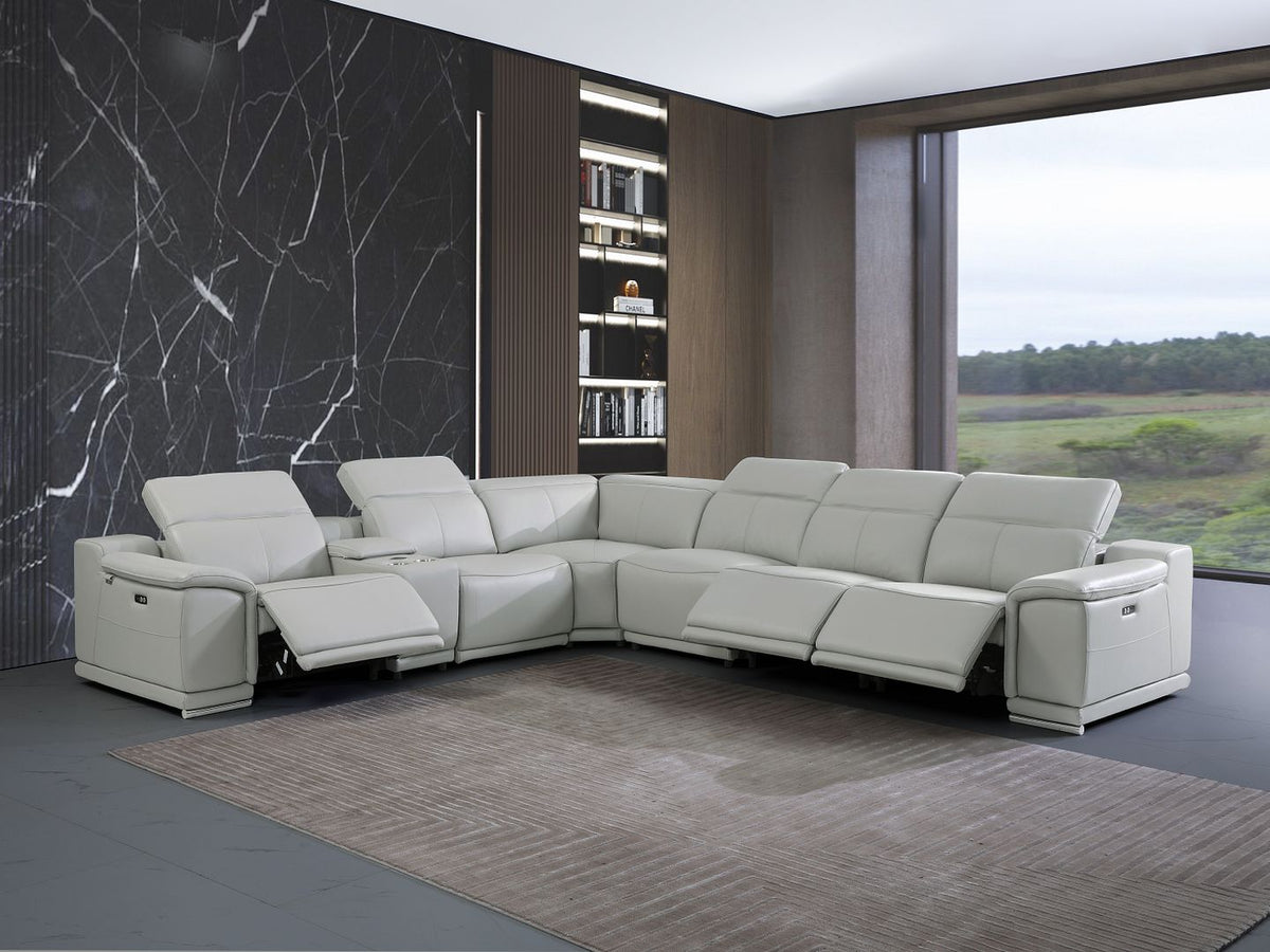 9762 Divanitalia 7-Piece L-Shaped Top Grain Italian Leather Sectional Sofa with 3 Power Recliners - Light Grey - SKU 9762-7PC-3PWR-SECTIONAL- LIGHT GREY-GROUP