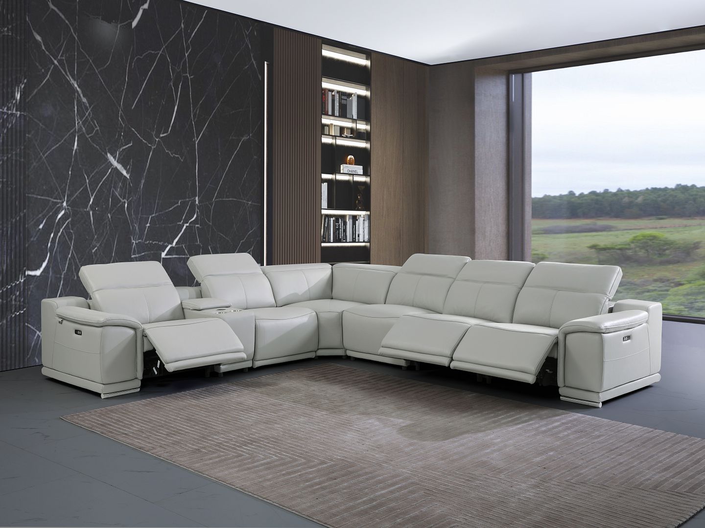 9762 Divanitalia 7-Piece L-Shaped Top Grain Italian Leather Sectional Sofa with 3 Power Recliners - Light Grey