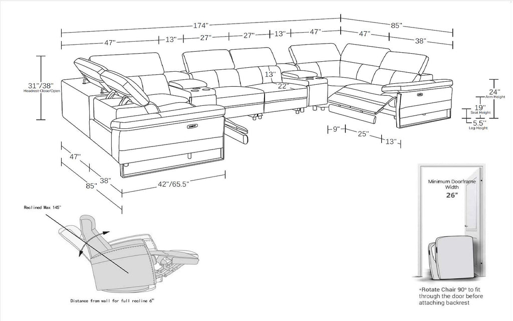 1246 Divanitalia 8-Piece U-Shaped Modular Power Reclining Sectional Sofa with 4 Power Recliners and Power Headrests - Top Grain Italian Leather