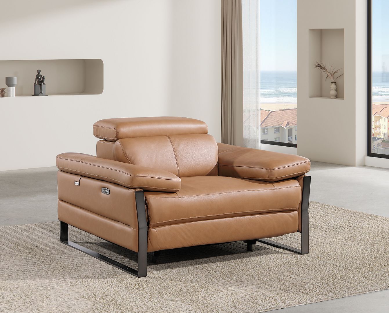 1246 Divanitalia Power Reclining Arm Chairwith Power Headrests - Top Grain Italian Leather - Cognac