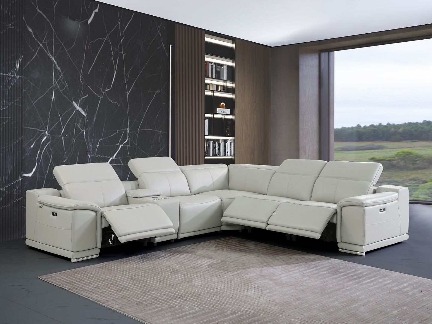 9762 Divanitalia 6-Piece L-Shaped Top Grain Italian Leather Sectional Sofa with 3 Power Recliners - Light Grey