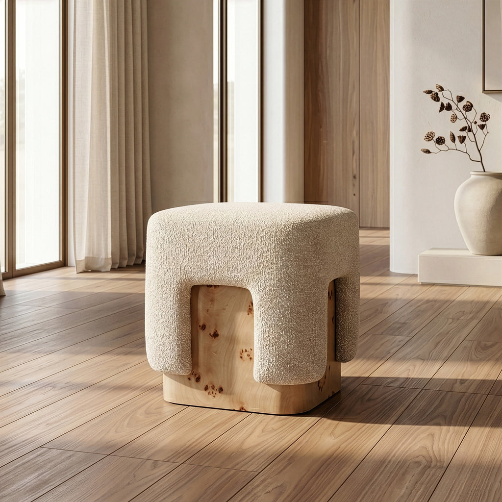 Mayfair - Contemporary Beige Fabric + Burl Square Ottoman