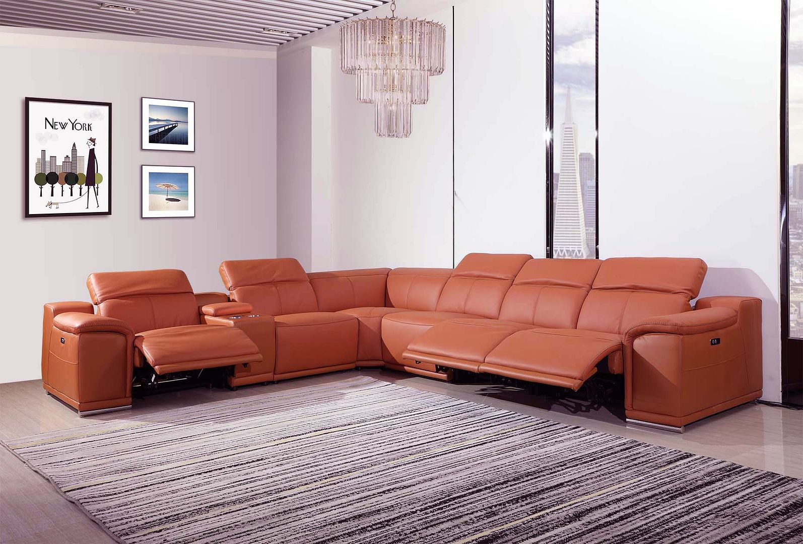 9762 Divanitalia 7-Piece L-Shaped Top Grain Italian Leather Sectional Sofa with 3 Power Recliners - Camel