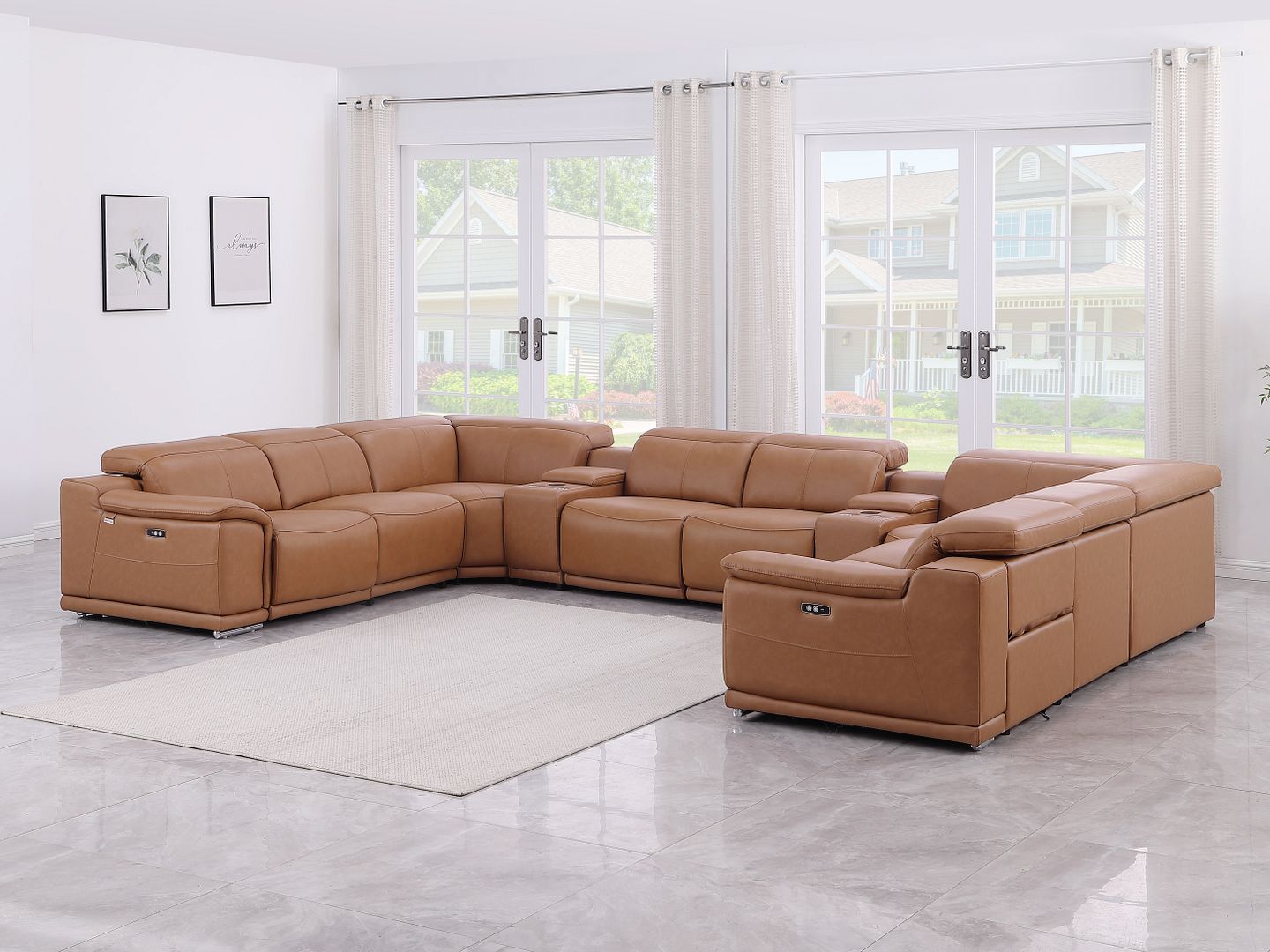9762 Divanitalia 10-Piece U-Shaped Top Grain Italian Leather Sectional Sofa with 4 Power Recliners - Cognac