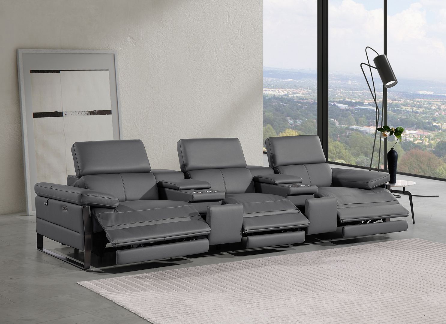 1246 Divanitalia Modular Power Triple Reclining Dual Console Sofa with Power Reclining Headrests - Top Grain Italian Leather