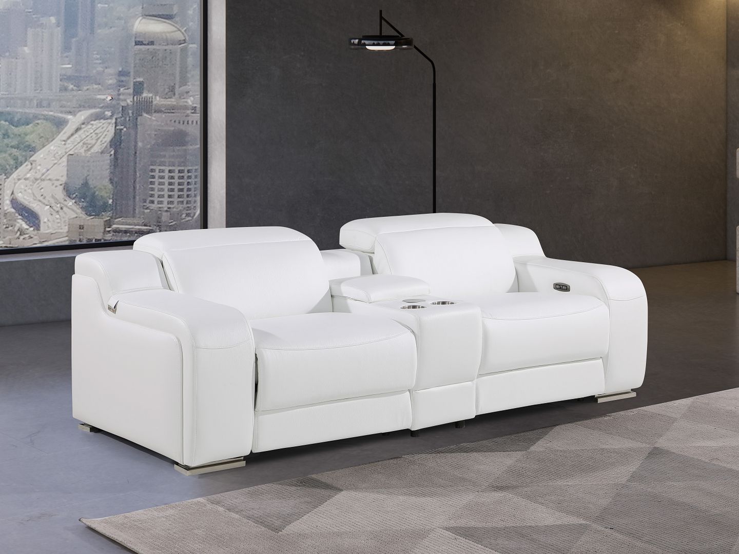 1116 Divanitalia 3-Piece Modular Power Reclining Console Loveseat in Top Grain Italian Leather with 2 Power Recliners & Power Headrests - White
