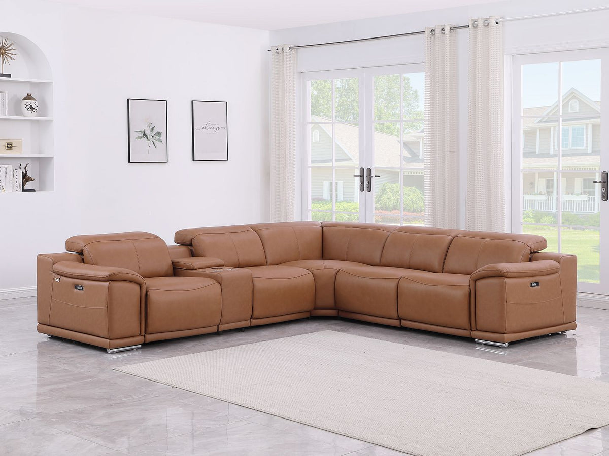 9762 Divanitalia 6-Piece L-Shaped Top Grain Italian Leather Sectional Sofa with 3 Power Recliners - Cognac - SKU 9762-COGNAC-6PC-3PWR-SECTIONAL-GROUP