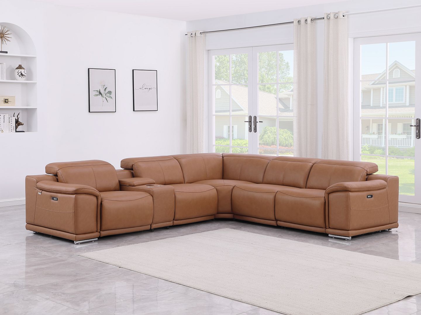 9762 Divanitalia 6-Piece L-Shaped Top Grain Italian Leather Sectional Sofa with 3 Power Recliners - Cognac