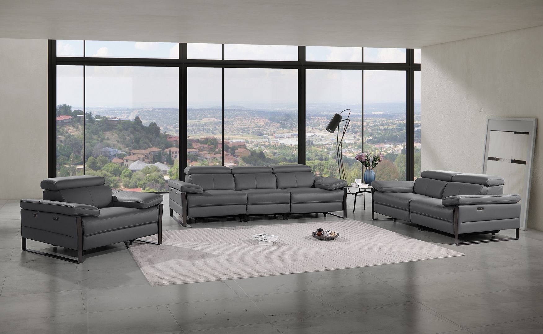 1246 Divanitalia Modular Power Dual Reclining Sofa, Loveseat, and Chair Set with Power Headrests - Top Grain Italian Leather - Dark Grey - SKU 1246-DK-GREY-6.5-HT-3PC