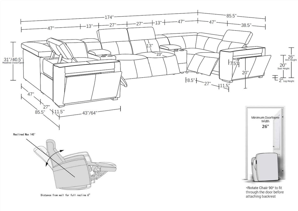 1224 Divanitalia 8-Piece U-Shaped Sectional Sofa in Top Grain Italian Leather with 4 Power Recliners & Power Headrests