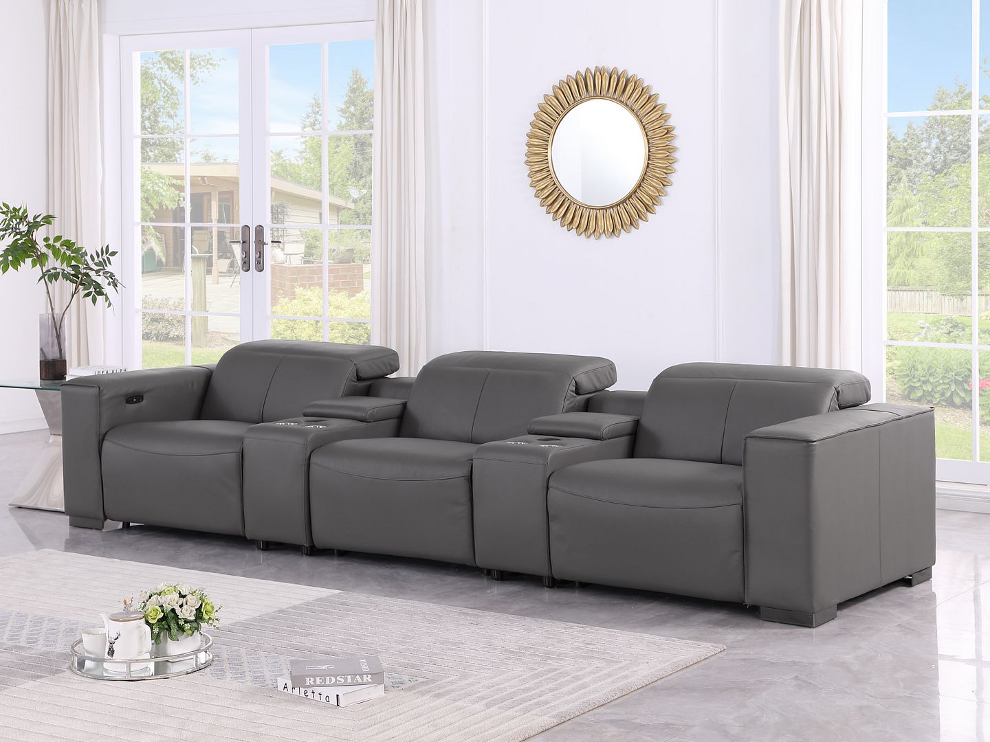 1208 Leather Sofa with 3 Power Recliners and Two Storage Consoles - Dark Grey