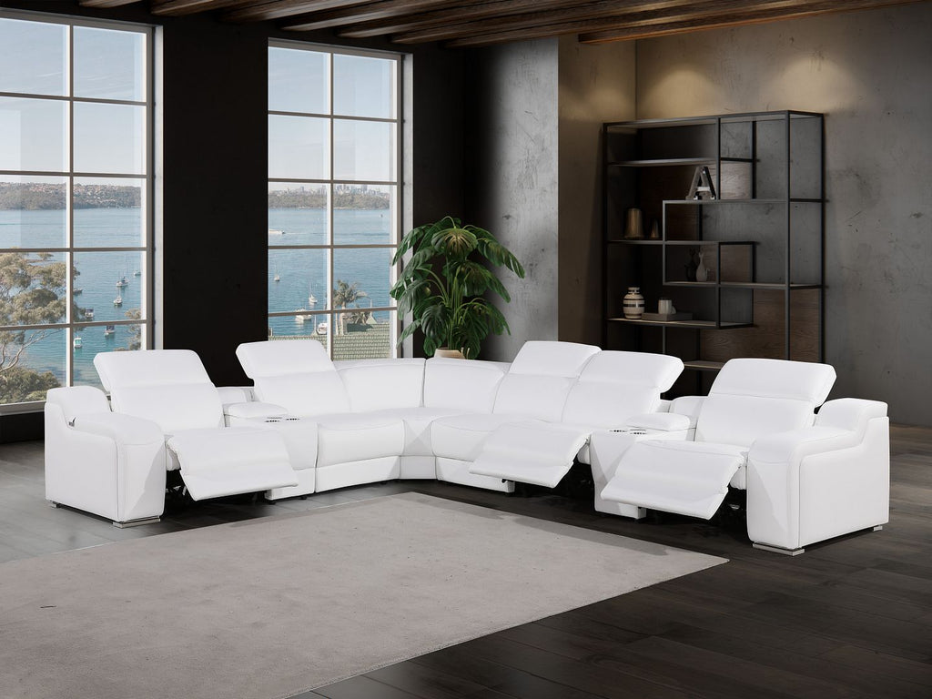 1116 Divanitalia 8-Piece L-Shaped Sectional Sofa in Top Grain Italian Leather with 3 Power Recliners & Power Headrests - White