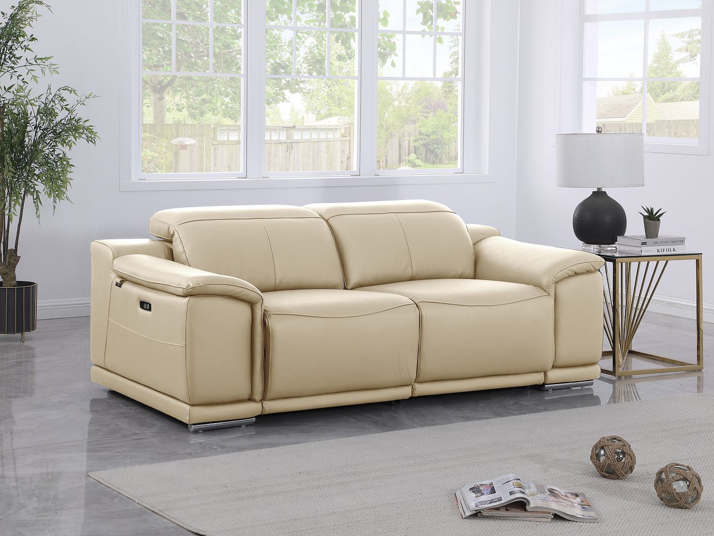 9762 Divanitalia 2-Piece Modular Power Reclining Console with 2 Power Recliners in Top Grain Italian Leather - Beige