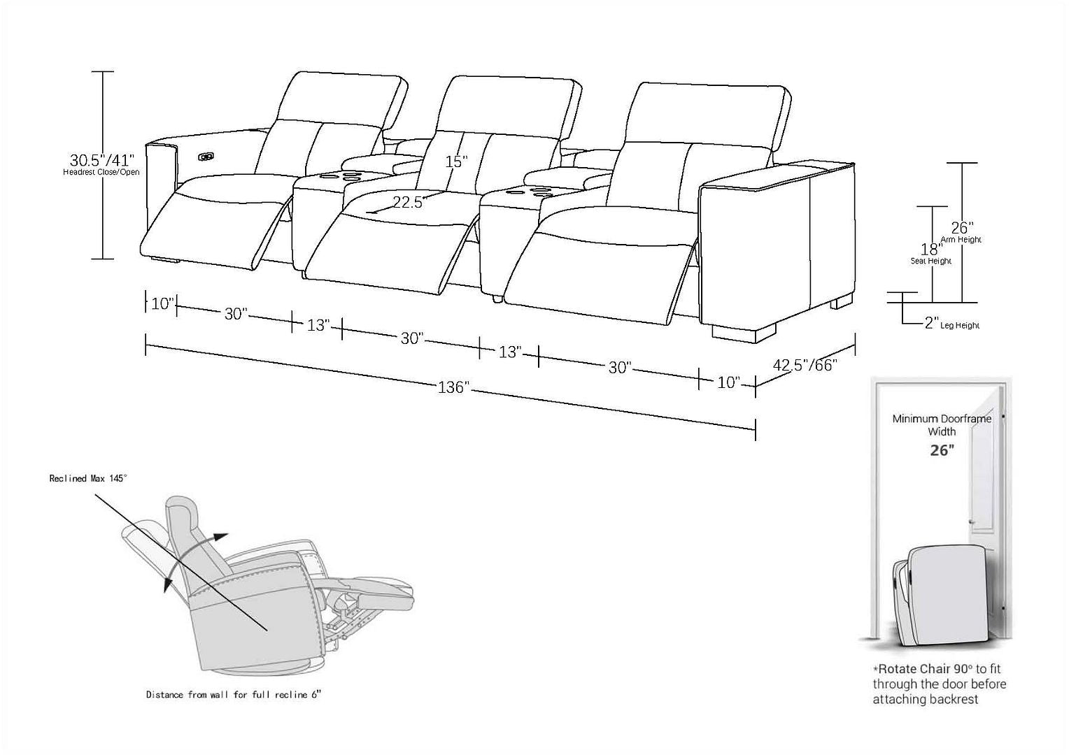 1208 Leather Sofa with 3 Power Recliners and Two Storage Consoles