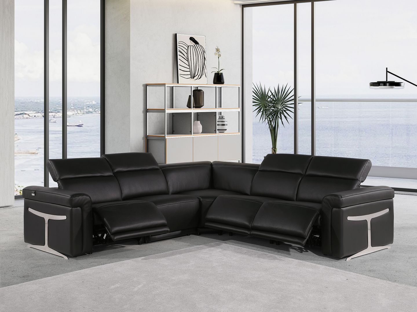 1126 Divanitalia 5-Piece L-Shaped Sectional Sofa in Top Grain Italian Leather with 3 Power Recliners & Power Headrests - Black - SKU 1126-BLACK-SEC-5PC-3PWR-SECTIONAL- GROUP